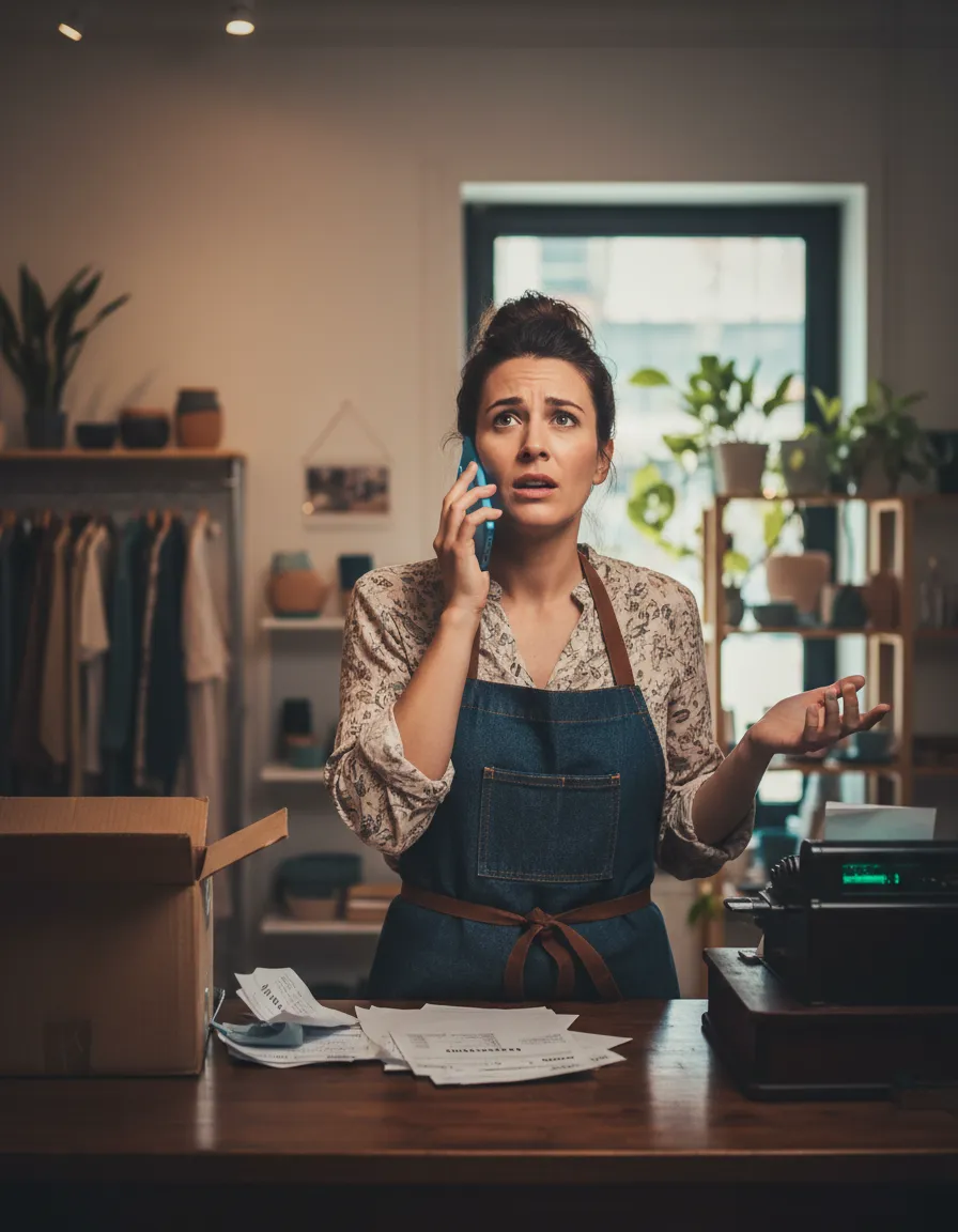 Stressed small business owner looking overwhelmed with a ringing phone
