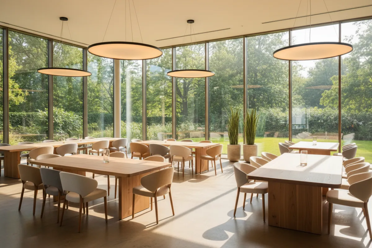 A sunlit dining room with floor-to-ceiling windows, modern wooden tables, and plush seating, filled with natural light and a lively, welcoming ambiance.
