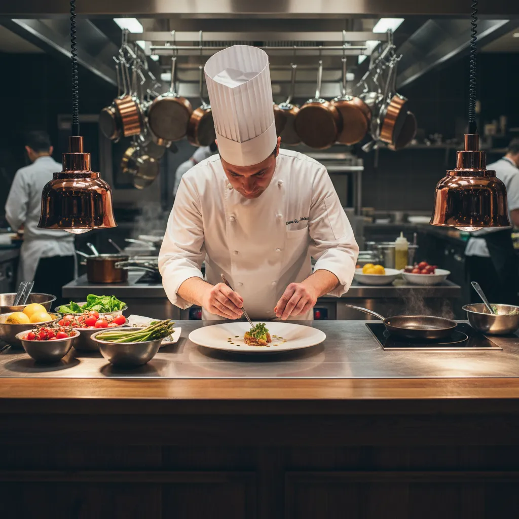 A chef in a crisp white uniform artfully plating a dish in a bustling open kitchen, with fresh ingredients and copper pans in the background, highlighting dedication and expertise.