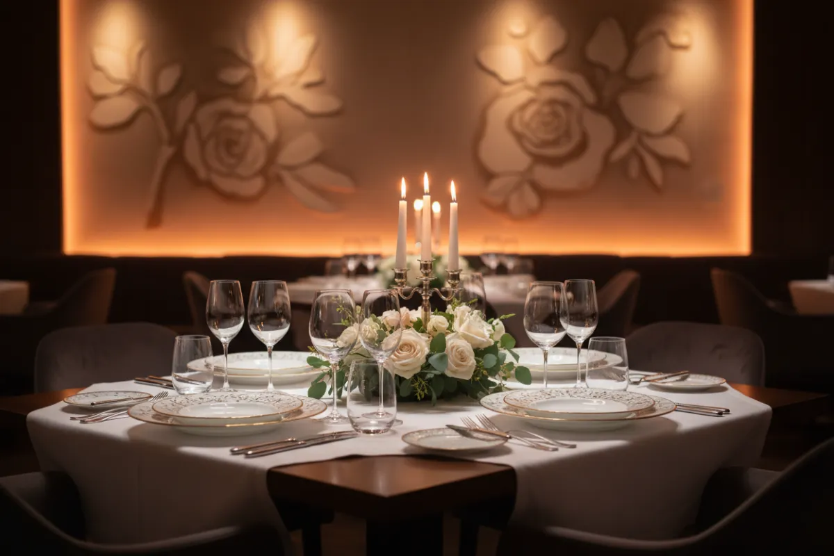 A beautifully arranged table with fine china, crystal glasses, and a candle centerpiece in a softly lit upscale restaurant, evoking anticipation for a gourmet meal.