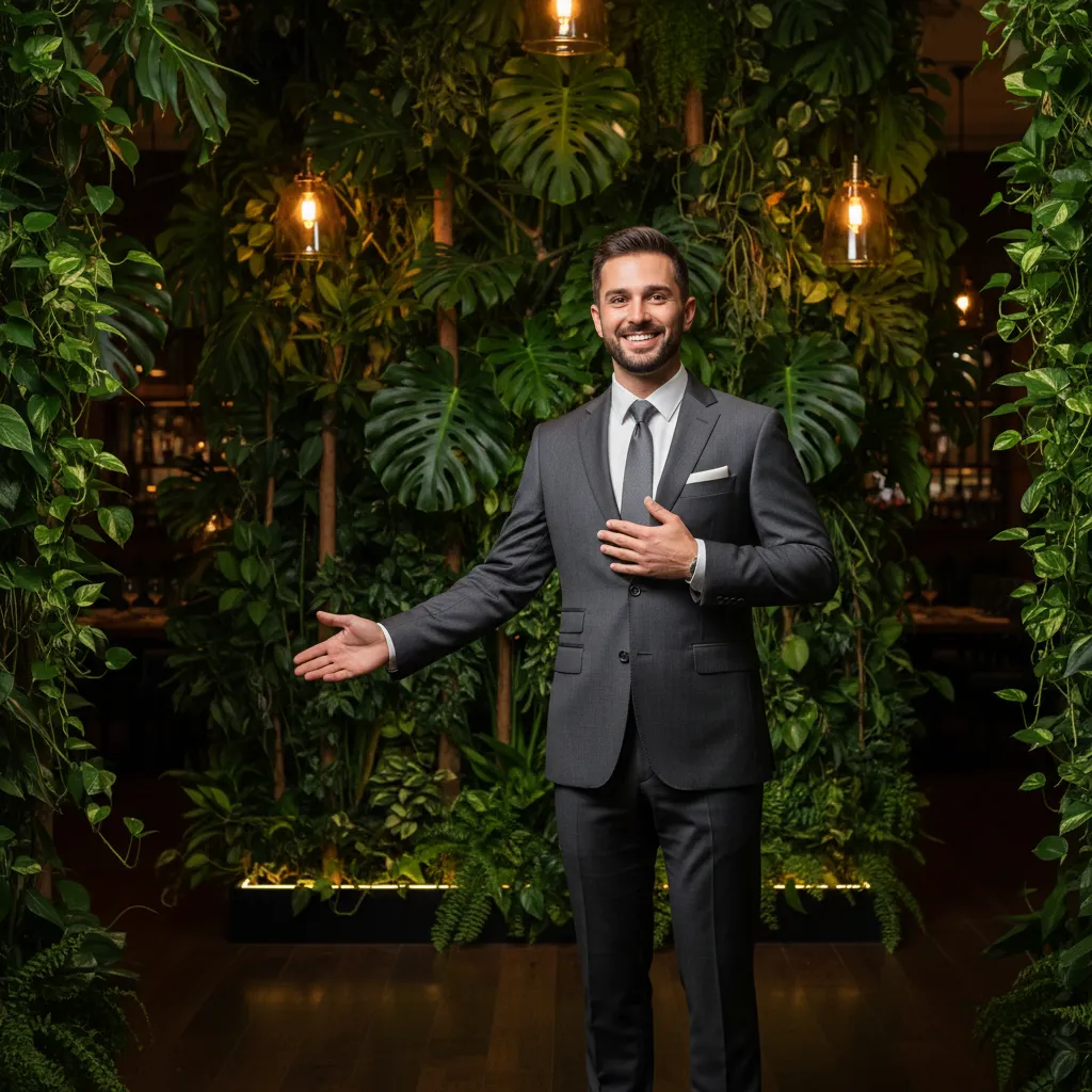 A smiling host in a tailored suit greeting guests at the entrance of the restaurant, with a welcoming gesture and a background of lush indoor plants and warm lighting.