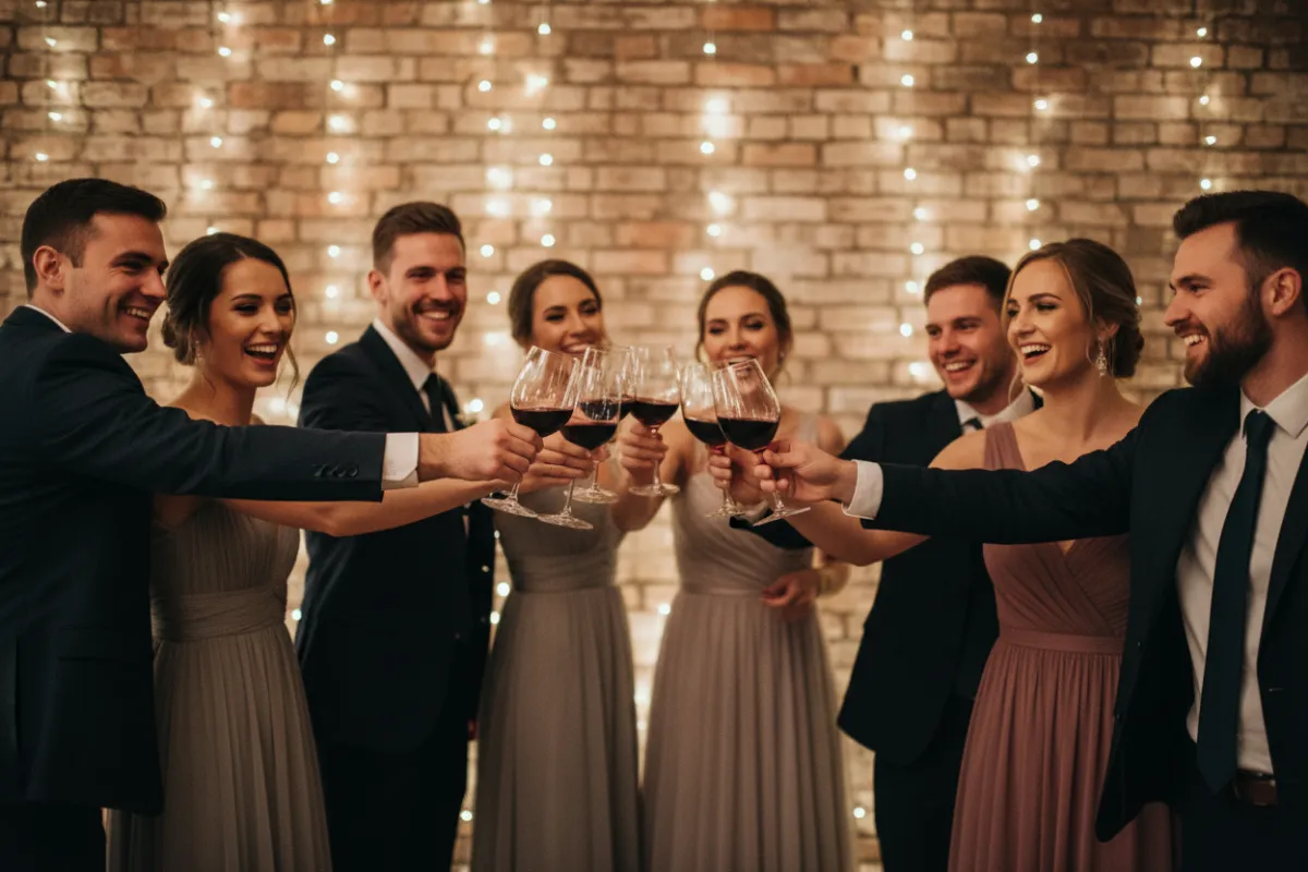 A group of elegantly dressed guests toasting with wine glasses at a private event, with a backdrop of exposed brick and twinkling string lights.
