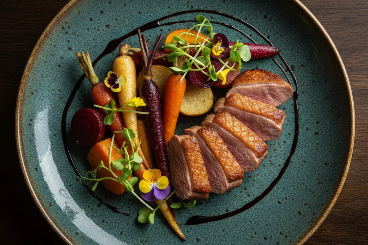 A vibrant plate of pan-seared duck breast with colorful root vegetables, microgreens, and a glossy reduction, artfully arranged on a rustic ceramic plate.