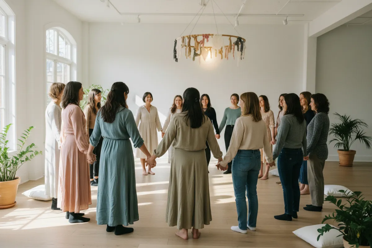A group of women of various ages and backgrounds stand in a circle, holding hands and smiling in a bright, airy indoor space. The scene radiates support, unity, and the uplifting spirit of the workshop environment.