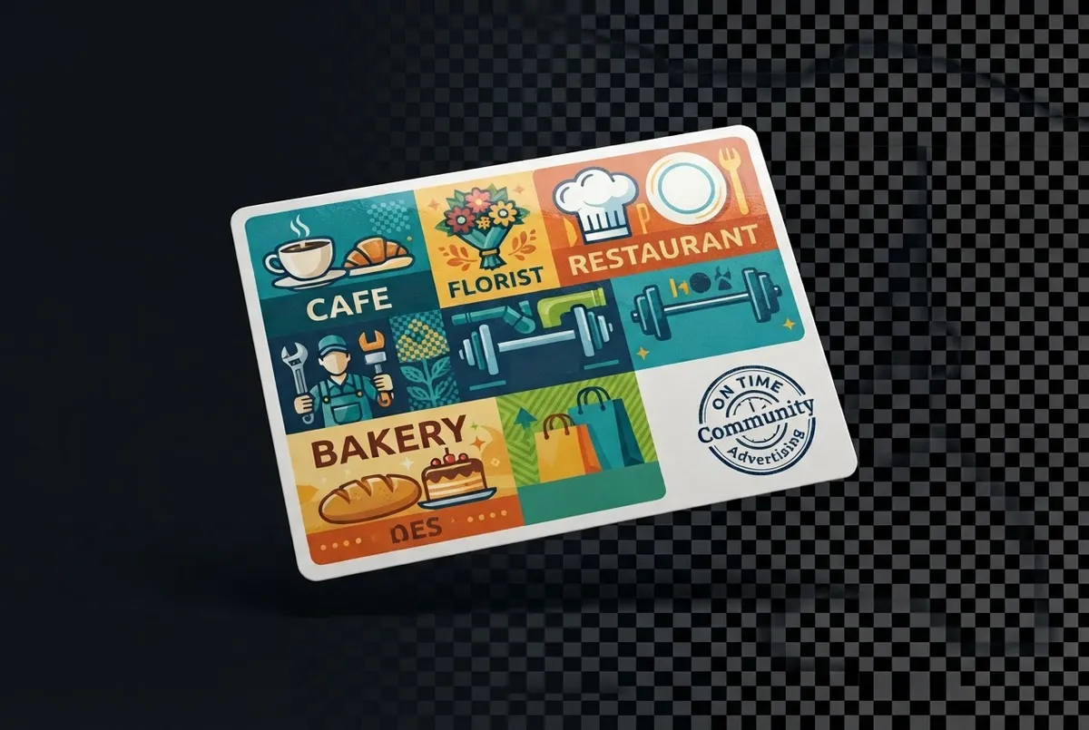 Realistic 9x6 shared community advertising postcard mockup featuring exclusive local Atlanta business placements