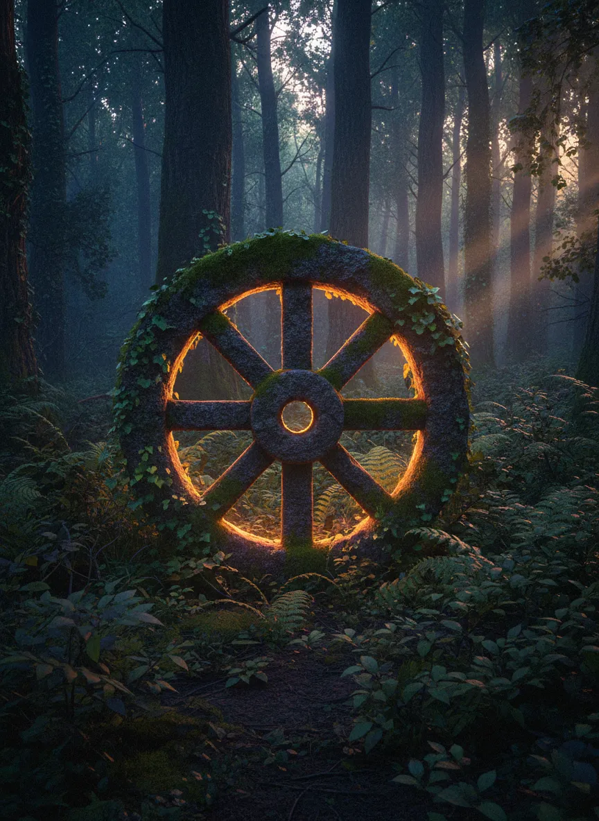 A mystical wheel symbol in a soft ancient landscape