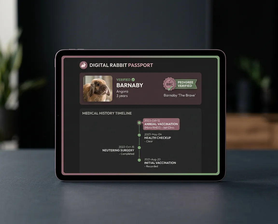 Digital Rabbit Passport interface showing verified rabbit profile, pedigree verification, and medical history handoff