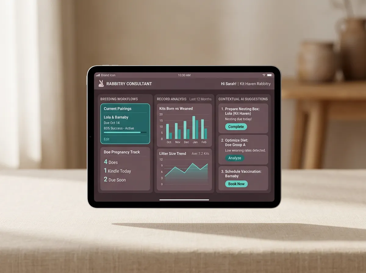 Intelligent AI rabbitry consultant interface showing breeding workflow insights and record analysis