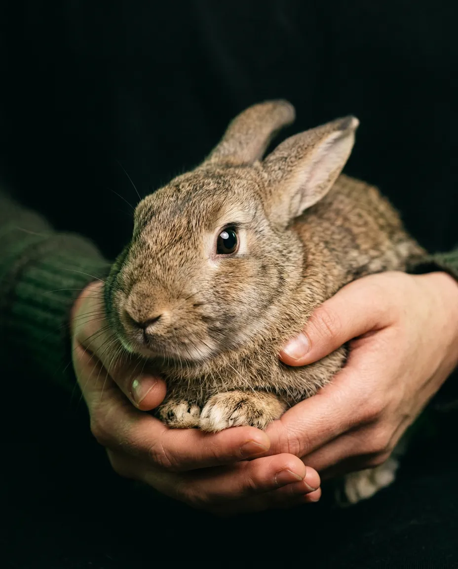 Close-up portrait of gentle hands holding and caring for a healthy rabbit