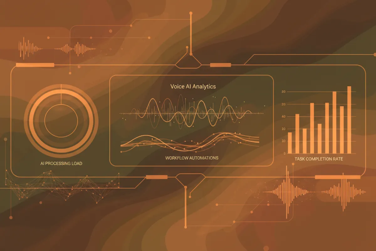 A futuristic dashboard interface displaying live voice AI analytics, with glowing orange highlights and earth-tone backgrounds. The screen shows real-time speech-to-text and workflow automations, suggesting advanced technology in action. 3:2 aspect ratio.