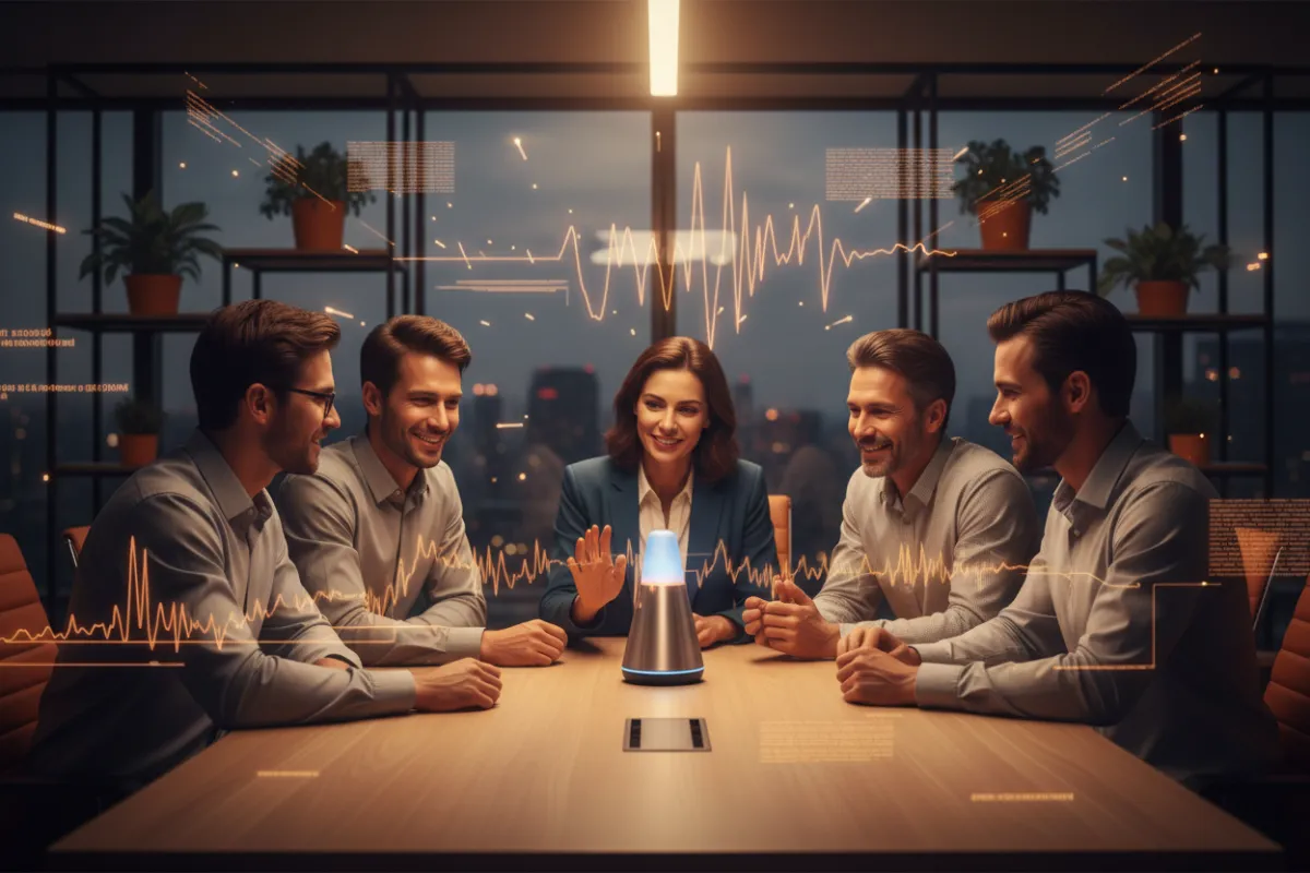 A modern, warmly lit office with a diverse small business team gathered around a table, interacting with a sleek voice AI device. The scene is vibrant, with orange accents and digital waveforms subtly overlayed, evoking innovation and collaboration. 3:2 aspect ratio.