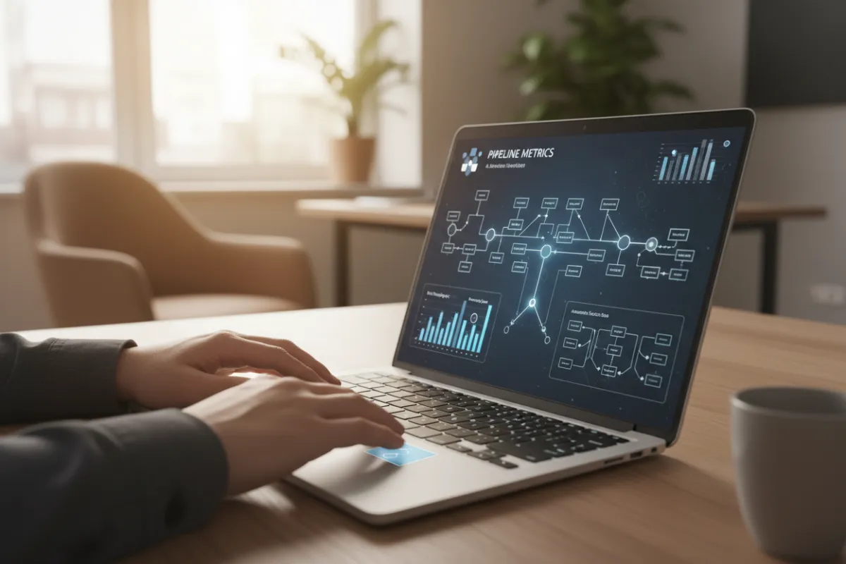 A product-focused scene: a hands-on operator dashboard on a laptop showing pipeline metrics and AI automation flows, warm office lighting, shallow depth of field, photorealistic and focused on interface clarity.