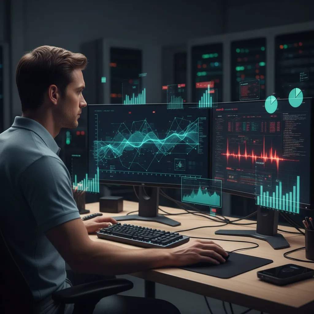 Tech support specialist reviewing AI agent logs on a dual-monitor setup with diagnostic charts and error indicators.