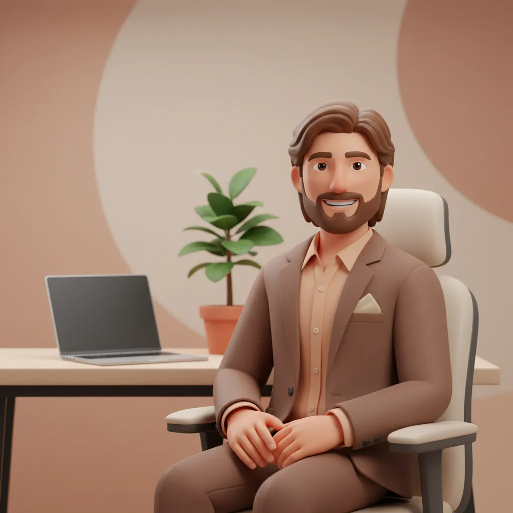 3D digital portrait of a friendly business coach in a warm modern office