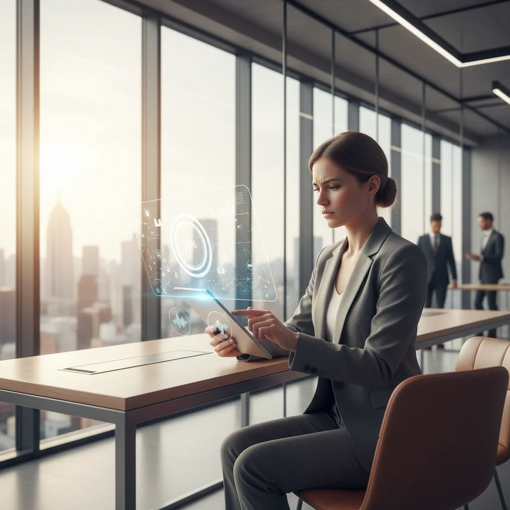 Sales professional using a tablet to interact with an AI tutorial, set in a modern office with glass walls and natural light. The user is focused, with a digital overlay showing tutorial progress and voice command prompts, emphasizing hands-on learning and engagement.