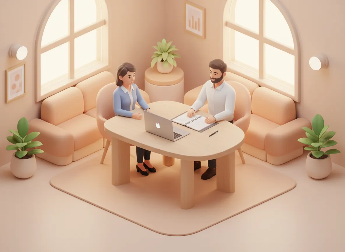 3D digital illustration of a warm modern workspace with a coach and small business owner in conversation