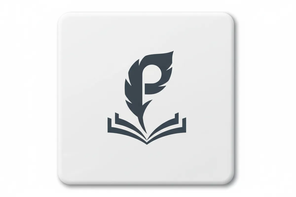 Publisher badge: compact logo mark, isolated on white tile for press showcase, flat vector look, centered composition.