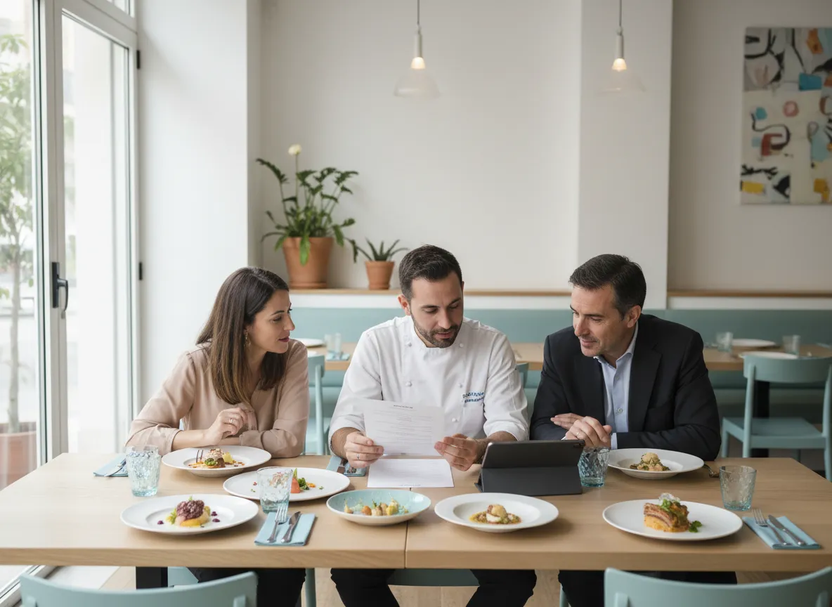 Chef and front-of-house team reviewing the menu alongside plated dishes in a modern restaurant