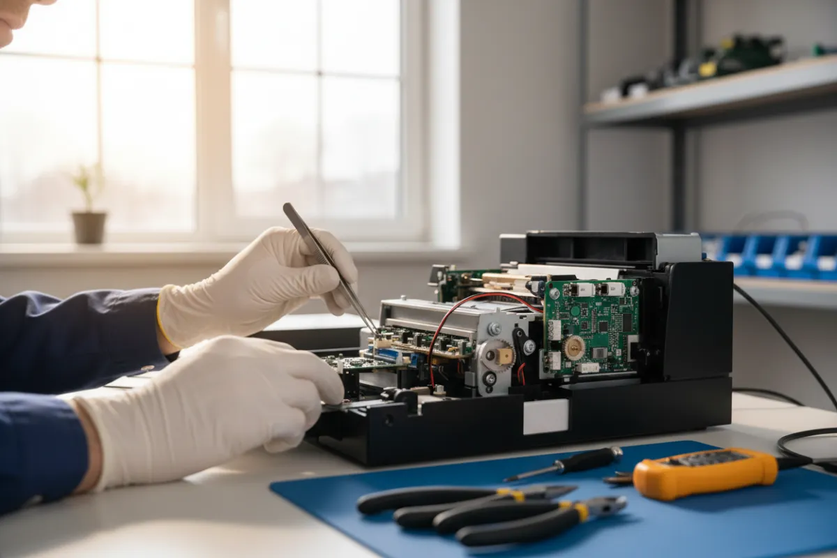 Technician repairing an industrial ID card printer on a well-lit bench.