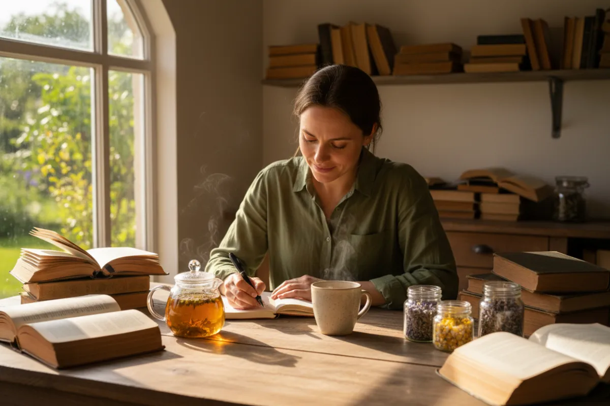 A serene scene of a woman journaling at a wooden table, surrounded by books and herbal tea, with sunlight streaming through a window. The atmosphere is peaceful and reflective, symbolizing personal growth and the nurturing environment offered by Fruitful Purpose.