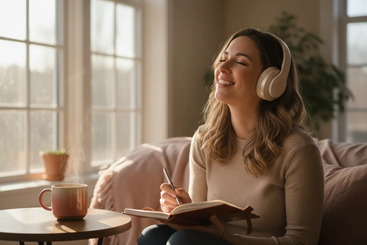 A woman in her late 20s, wearing headphones, sits by a window with a journal and a cup of tea. She is deeply engaged, smiling as she listens to a podcast, with soft morning light and gentle pink accents in the background.