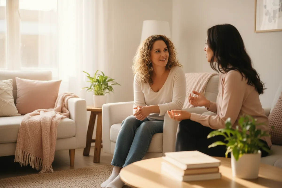 A cozy, sunlit room with a woman in her 30s, smiling warmly as she listens to another woman share her story. Both are seated comfortably, surrounded by soft pink and cream decor, creating a safe, inviting space for open conversation.