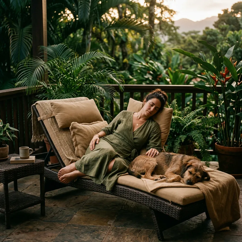 Adult peacefully resting with companion dog on a serene sunlit Costa Rican terrace surrounded by lush greenery