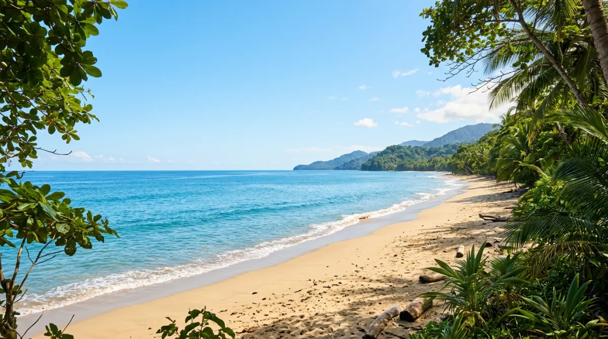 Cinematic panoramic view of tranquil Costa Rican coastal sanctuary surrounded by lush rainforest canopy and peaceful ocean horizon