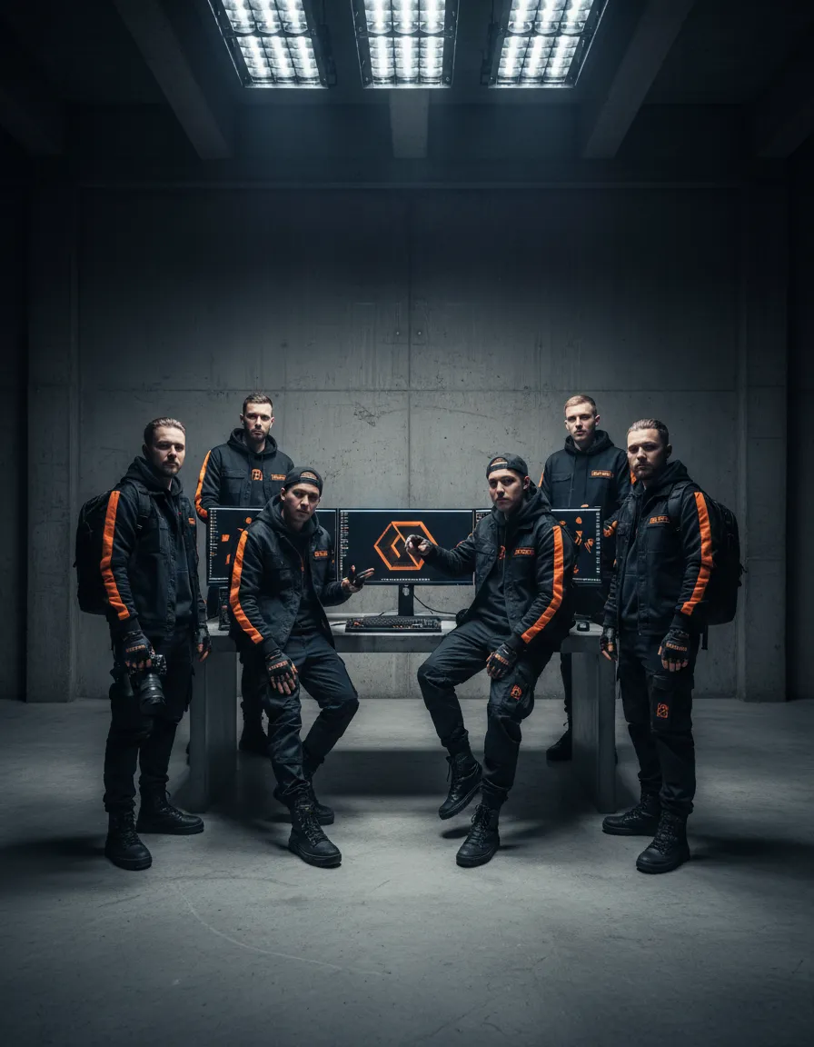 Gritty, high-contrast lifestyle photo of the HustleBlaze team working on rapid UI/UX deployment