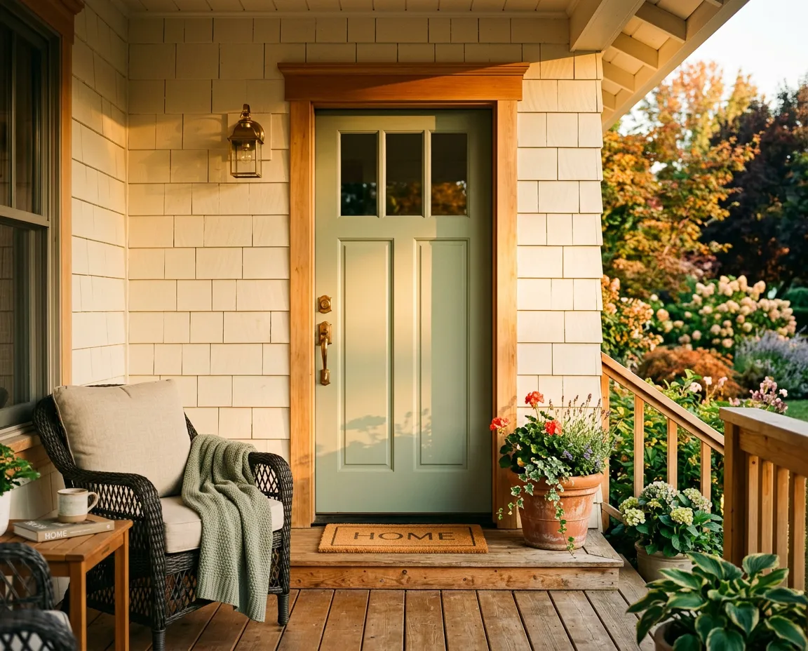 Sunlit doorway of a welcoming family home framed in natural wood and warm tones