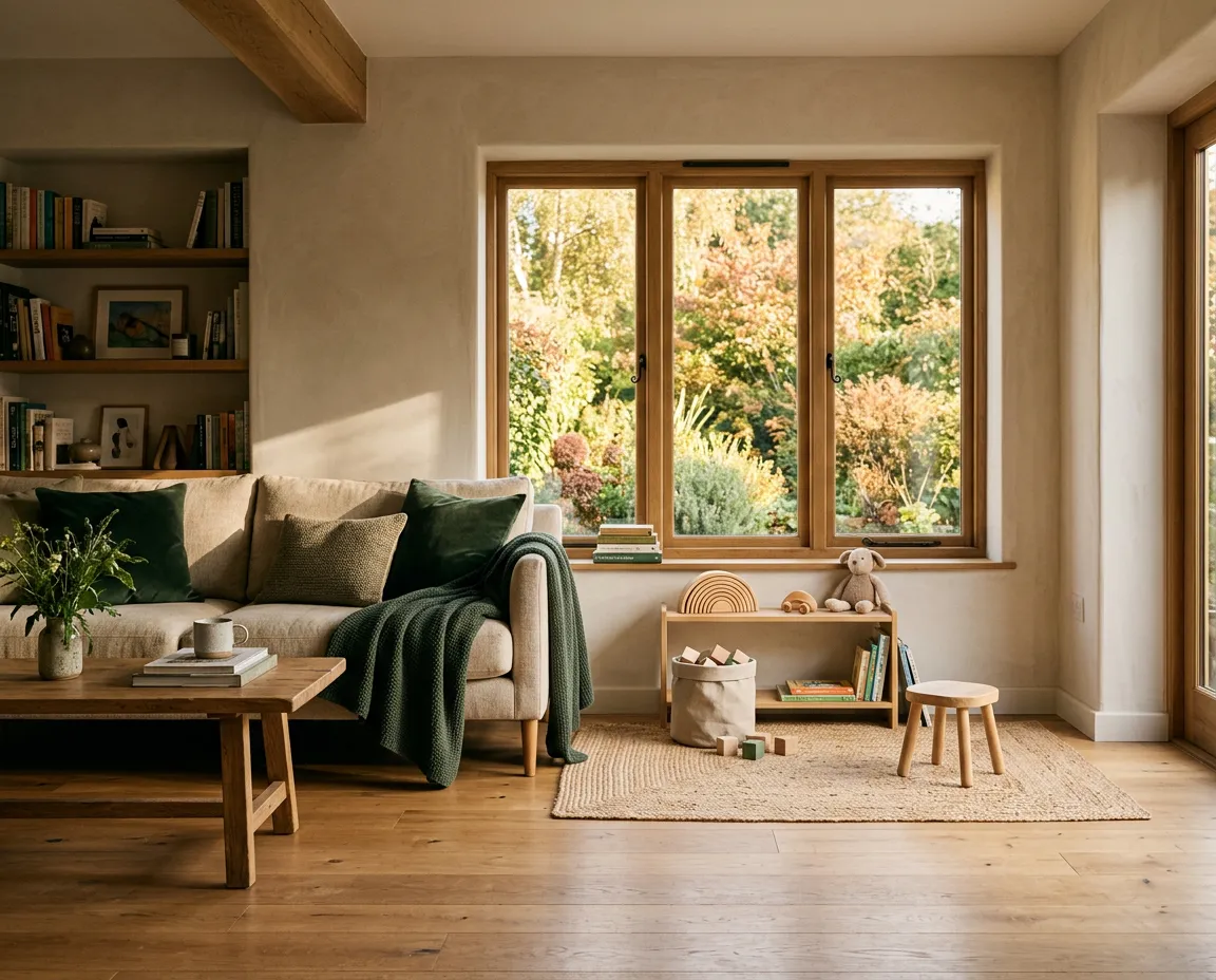 Sunlit architectural family home designed with organic modernist materials and warm landscaping