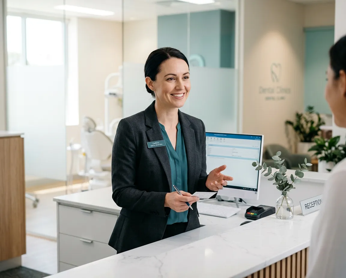 Calm dental reception desk with smiling staff focusing on in-person patient hospitality