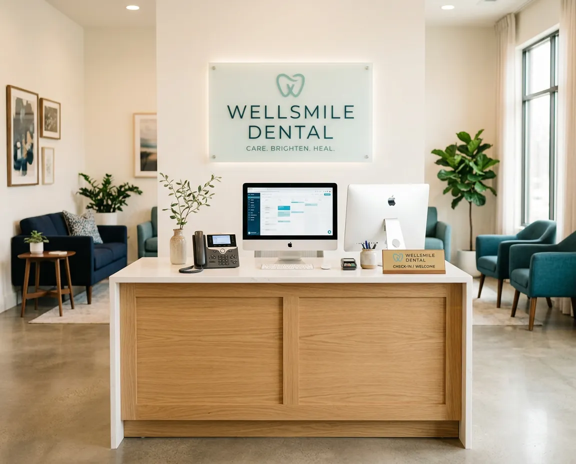 Modern UK dental practice reception with patient consultation desk and clean clinical interior
