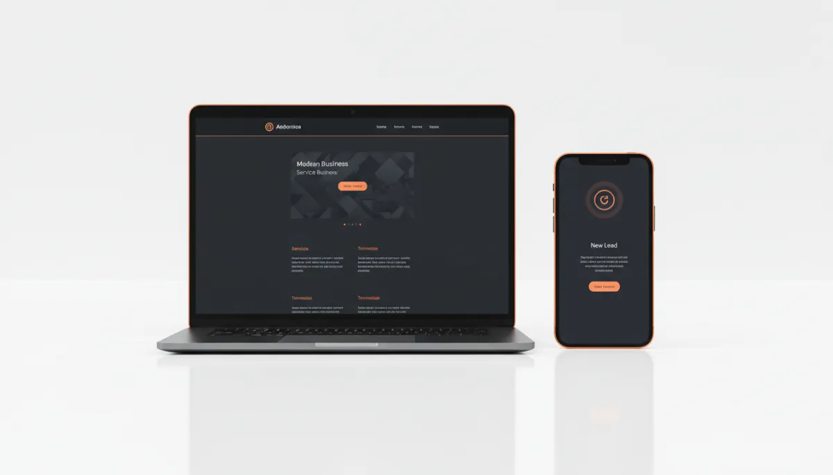 Bright mockup of the finished site on laptop and phone with a new lead notification