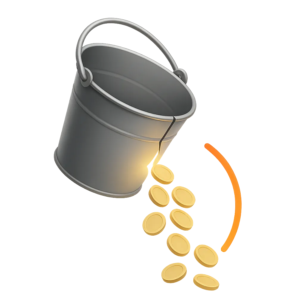 Illustration of a leaking bucket representing wasted ad spend from missed calls and slow websites