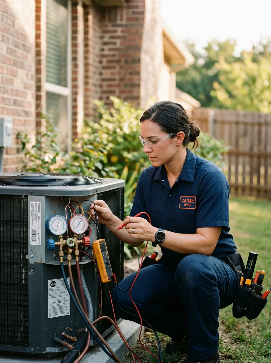 Professional HVAC technician on site inspecting equipment with precision and care