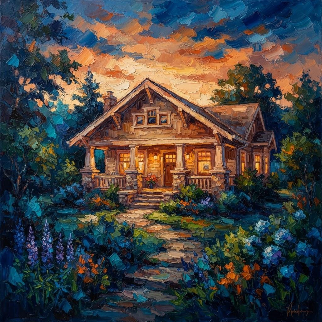 Impressionist landscape oil painting depicting a peaceful dream home at golden hour