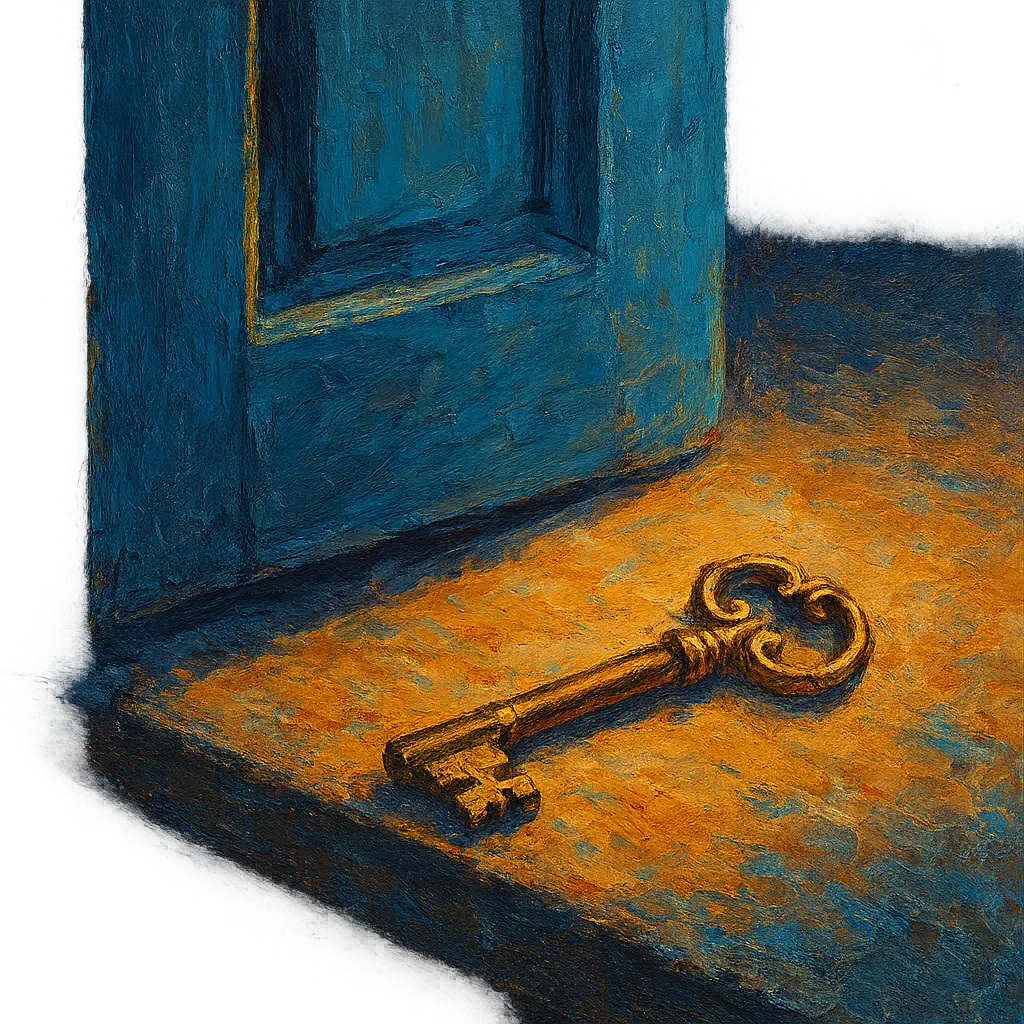 An artful, painterly impressionist illustration of an open sunlit doorway with an antique golden house key resting nearby
