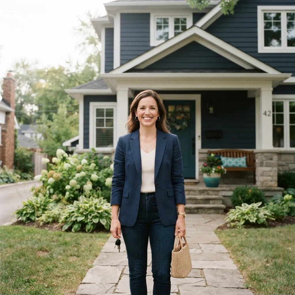 Satisfied homeowner standing outdoors in front of their suburban home