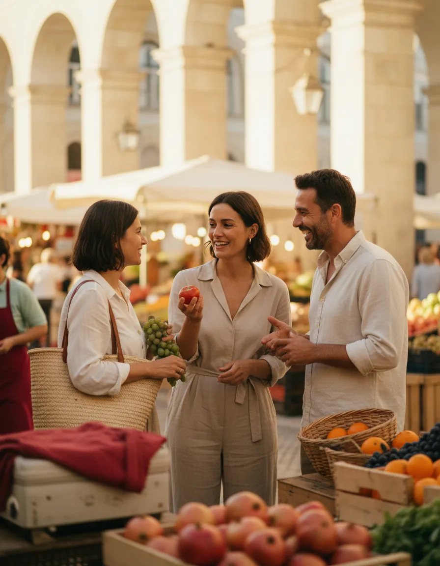 Adults chatting happily at a local Portuguese market