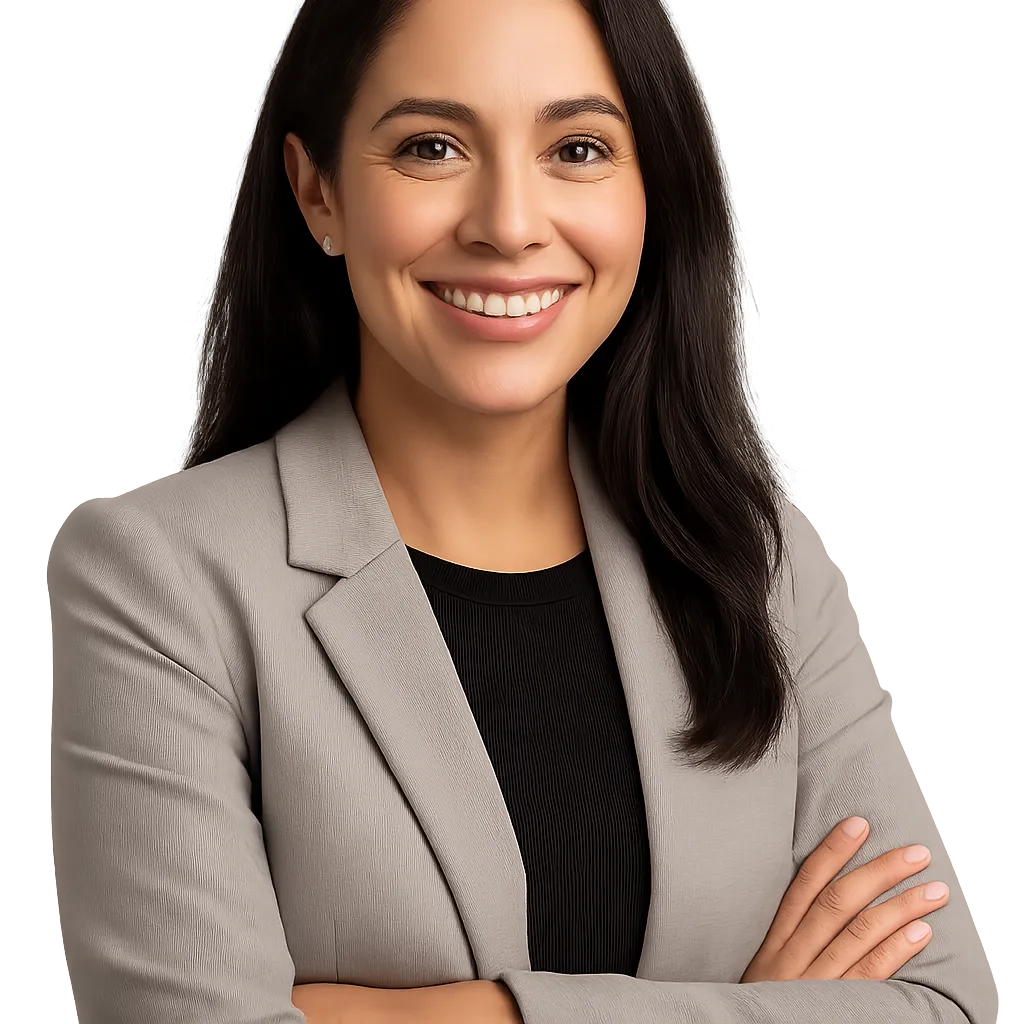 Professional Hispanic woman in business-casual, waist-up, smiling; studio-quality on transparent background.