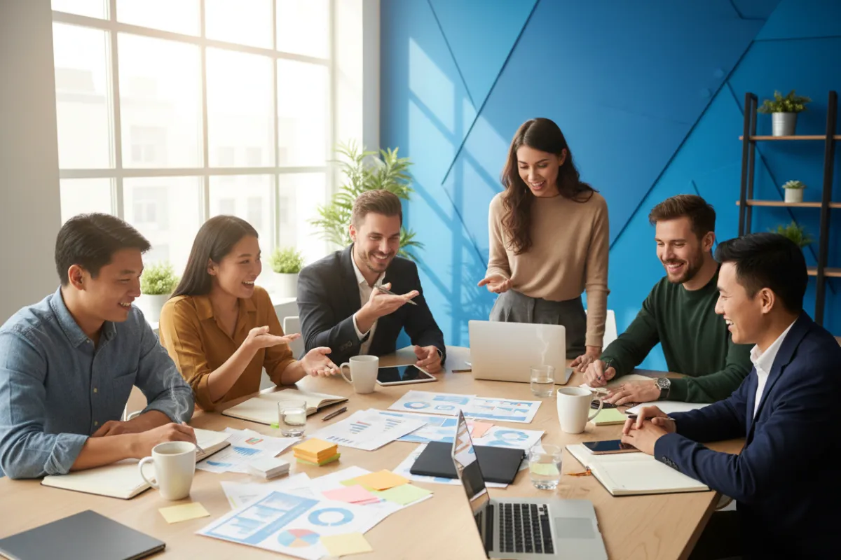 A diverse group of small business owners collaborating around a table with marketing materials, digital devices, and coffee mugs, set in a bright, modern workspace. The scene conveys teamwork, ambition, and creative energy, with a blue accent wall and natural light streaming in. Everyone is engaged and smiling.