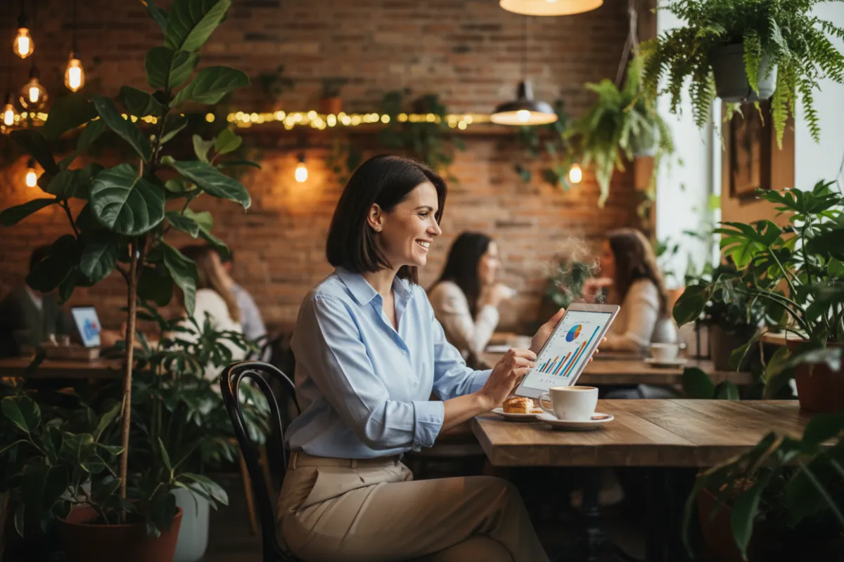 A cheerful small business owner reviewing a marketing report on a tablet, seated in a cozy café with plants and warm lighting. The owner is mid-30s, wearing business-casual attire, and looks satisfied and optimistic. The background features a welcoming, bustling environment.