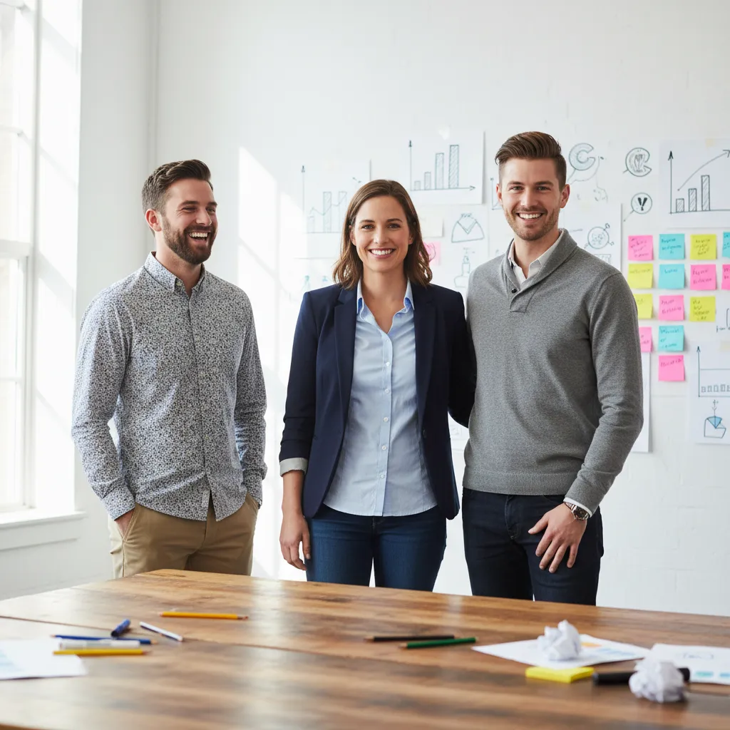A candid portrait of three marketing professionals—one woman and two men—standing in front of a wall covered with campaign sketches and sticky notes. The team is smiling, dressed in smart-casual attire, and exudes approachability and expertise. The background is bright and creative.