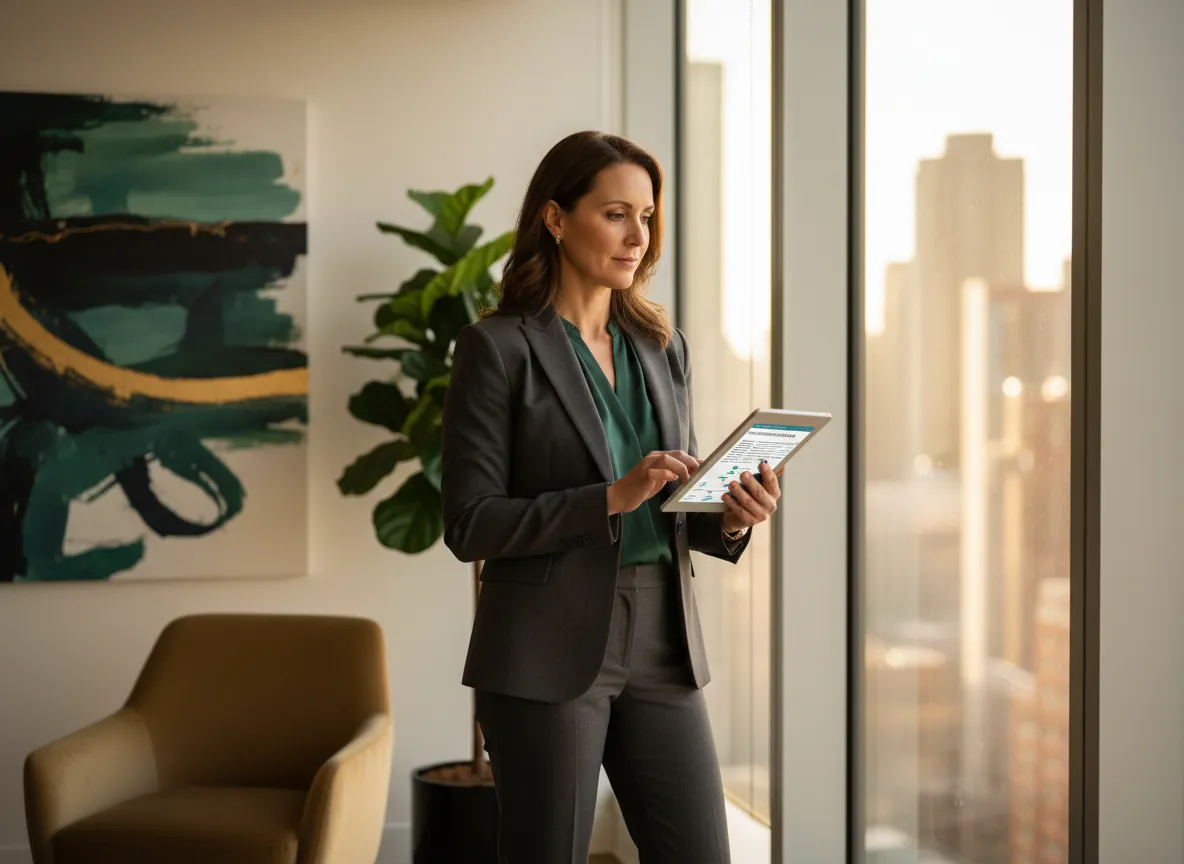 Business owner in office reviewing strategy