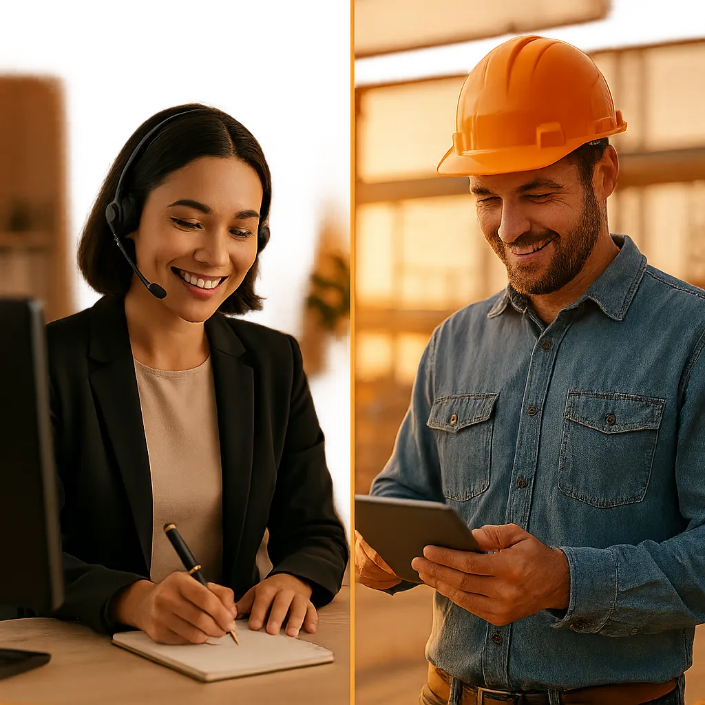 A professional receptionist on a headset smoothly managing calls while a contractor checks his phone on a job site