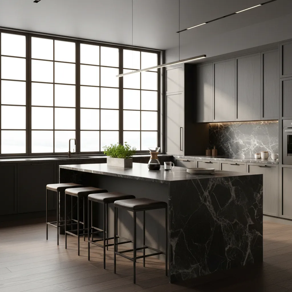 High-end kitchen interior with marble island, brushed metal fixtures, and natural light.