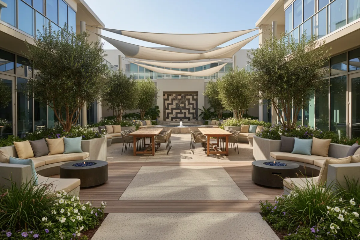 Sunlit amenity courtyard with seating nooks and landscaping, showing social gathering areas and curated outdoor design.