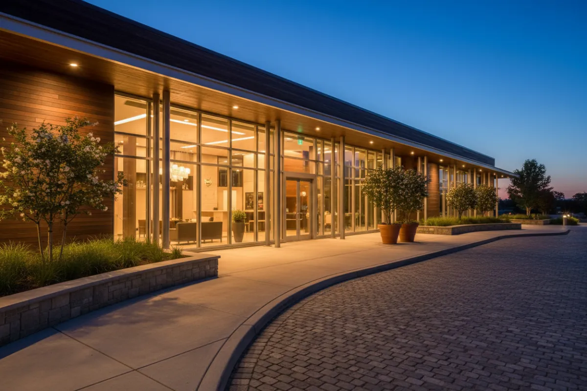 Evening shot of building exterior with warm lobby lighting, landscaping and elevated curb appeal — refined architectural framing.