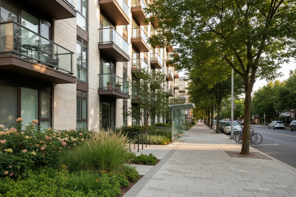 Leasing imagery showing the Harbor + Pine building exterior and landscaped street scene.